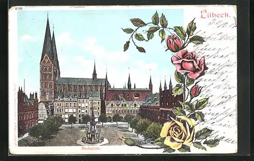 AK Lübeck, Marktplatz mit Kirche und Brunnen