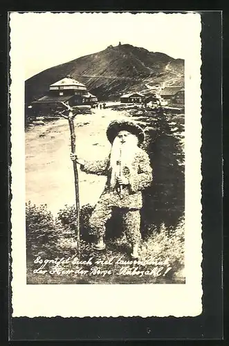 AK Rübezahl mit langem Bart und Berg im Hintergrund
