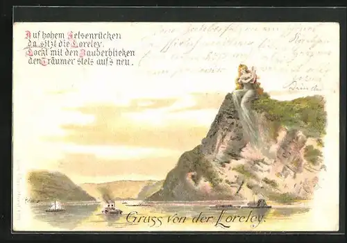 Lithographie Loreley spielt auf Harfe um Seemänner vom Weg abzubringen