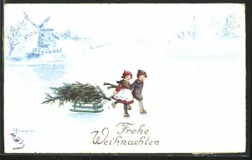 Künstler-AK Elly Frank: Kinder auf Schlittschuhen mit Schlitten und Tannenbaum