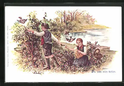 AK Junge und Mädchen stehlen Vogelküken, Du sollst nicht stehlen
