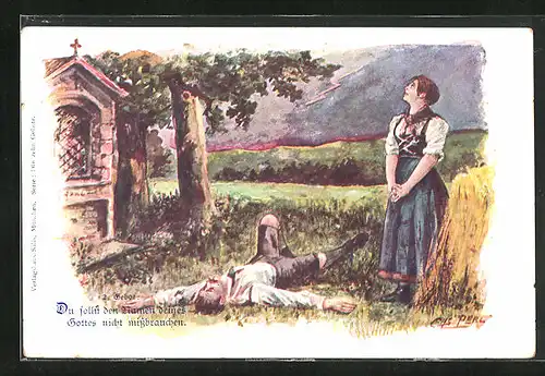 AK Mann am Boden, Gewitter, Du sollst den Namen deines Gottes nicht missbrauchen