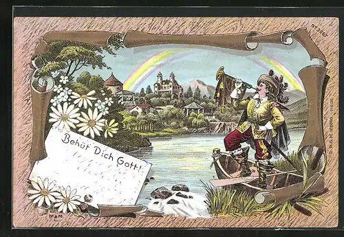 Lithographie Behüt Dich Gott!, Ortsansicht mit Regenbogen