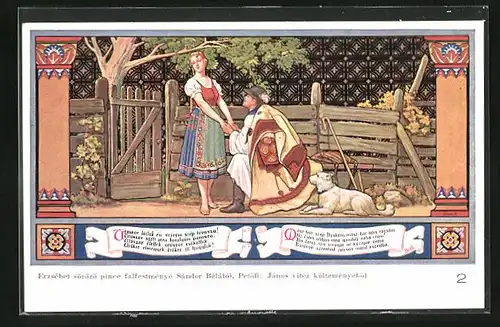 AK Märchen von Janos Vitez, Mann verabschiedet sich von seiner Frau