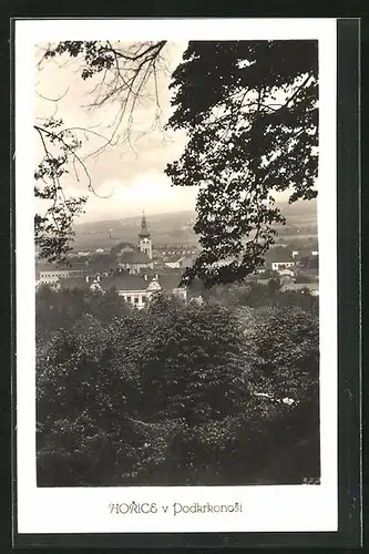 AK Horice, Ortspartie mit Kirche