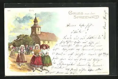 Lithographie Burg /Spreewald, Kirchgang in Burg, Frauen in Tracht