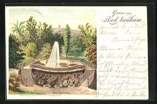 Lithographie Bad Nauheim, Der Sprudel, Fontaine