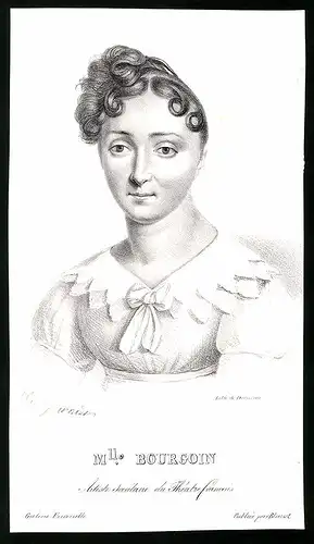Lithographie Mademoiselle Bourgoin, Artiste sociétaire du Théatre francais, 11.5 x 20cm