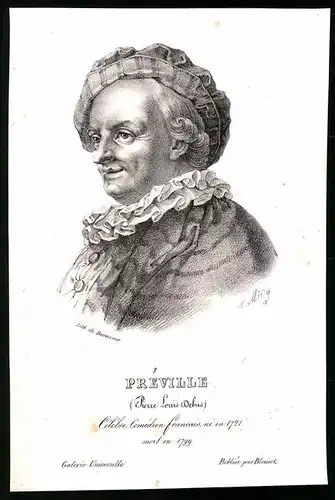 Lithographie Préville, Célèbre Comédien francais, 13 x 19.5cm