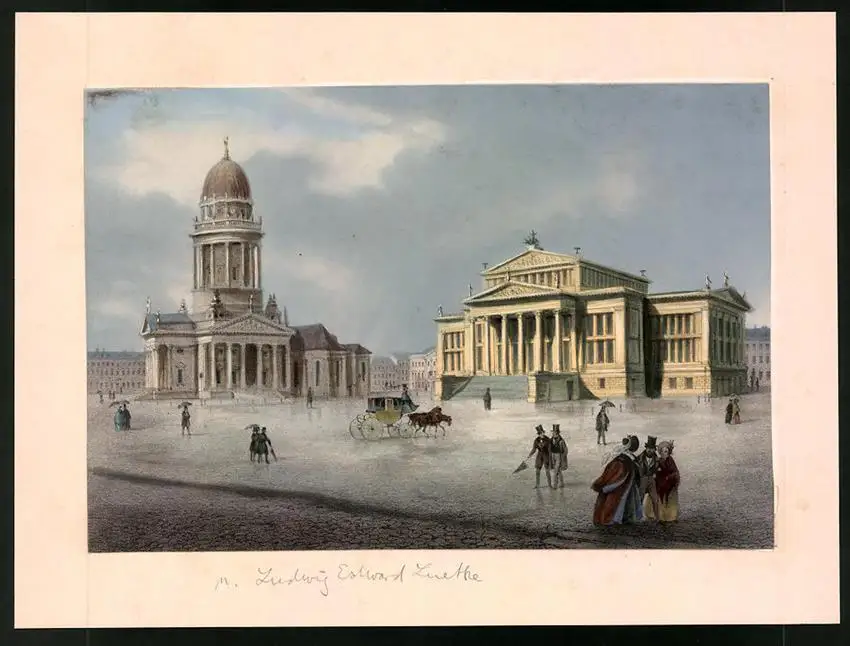 Lithographie Berlin, Gendarmenmarkt und Deutscher Dom, altkoloriert, nach Ludwig-Edward Lütke um 1840, 17 x 23.5cm 0
