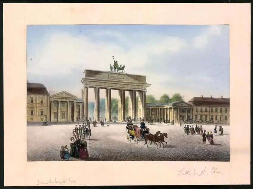 Lithographie Berlin, Das Brandenburger Tor, altkoloriert, nach Ludwig-Edward Lütke um 1840, 17.5 x 24cm 0
