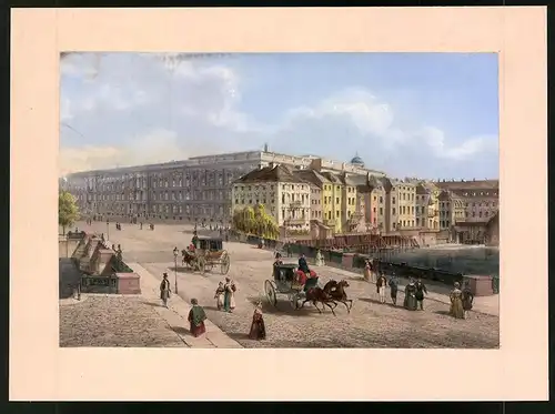 Lithographie Berlin, Die Schlossbrücke, altkoloriert, nach Ludwig-Edward Lütke um 1840, 17 x 24cm