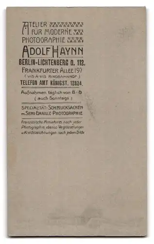 Fotografie Adolf Haynn, Berlin, Frankfurter Allee 197, Knabe im Matrosenanzug nebst Spielzeugpferd