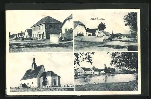 AK Drazice, Kostel, Strassenpartie, Gebäude am Dorfweiher