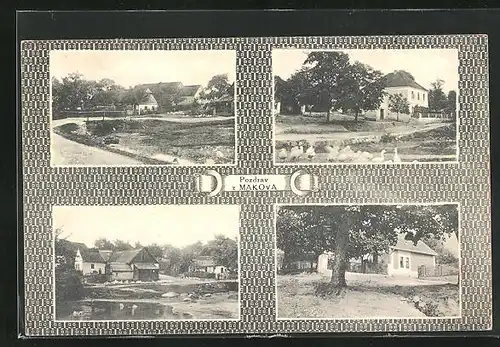 AK Makov, Strassenpartie am Ortseingang, Dorfweiher