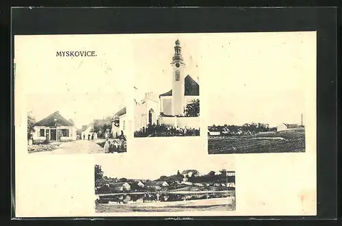 AK Myskovice, Strassenpartie im Ort, Kirche, Kostel