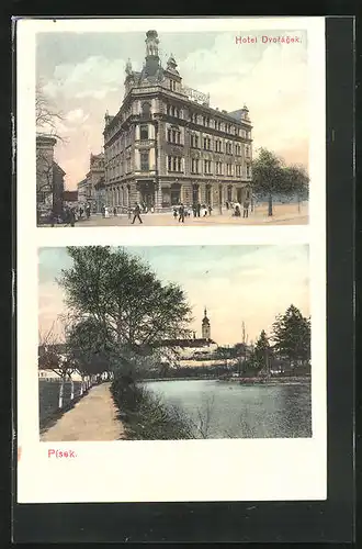 AK Pisek, Hotel Dvorácek, Weg am Fluss mit Blick zur Stadt