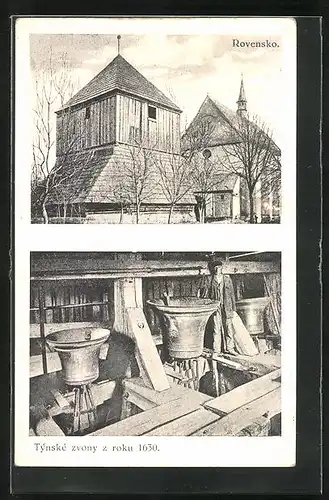 AK Rovensko pod Troskami, Ansicht der Kirche, Im Glockenstuhl