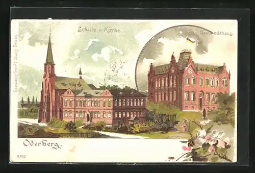 Künstler-AK Theodor Guggenberger: Oderberg, Schule und Kirche, Gemeindehaus