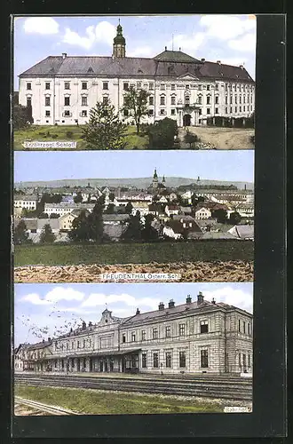 AK Freudenthal, Bahnhof von der Gleisseite, Hochm. Schloss, Teilansicht der Stadt