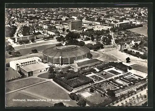 AK Dortmund, Westfalenhalle mit Rosenterrasse, Fliegeraufnahme