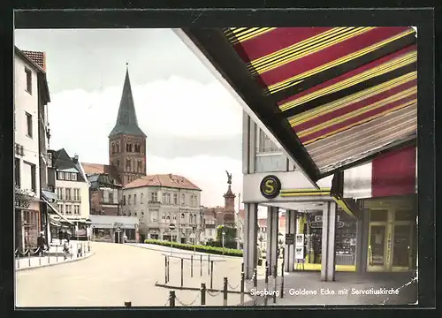 AK Siegburg, Blick von der Goldenen Ecke zum Markt mit Servatuskirche und Kriegerdenmal