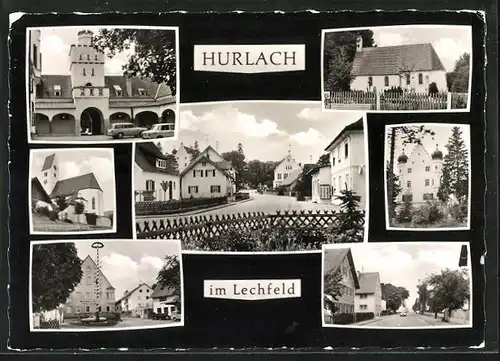 AK Hurlach bei Landsberg /Lech, Gasthof und Maibaum, Strassenpartie mit Gebäudeansicht, Kirche