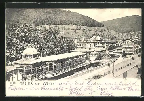 AK Wildbad, Grosses Gebäude aus der Vogelschau