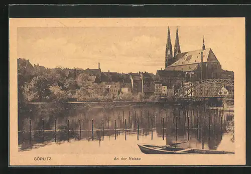 AK Görlitz, Ruderboot auf der Neisse mit Blick zur Kirche