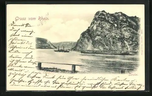 AK Loreleyfelsen und passierende Frachtkähne