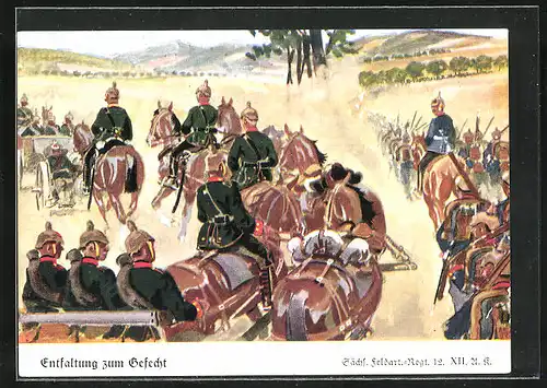 Künstler-AK Döbrich-Steglitz unsign.: Sächs. Feldart.-Regt. 12, Entfaltung zum Gefecht