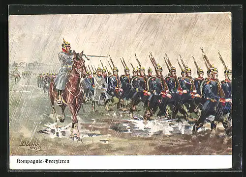 Künstler-AK Döbrich-Steglitz: Preussische Infanterie beim Kompagnie-Exerzieren im Regen