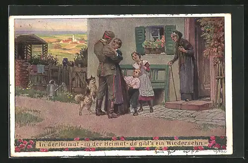 Künstler-AK Paul Hey: Verein für das Deutschtum im Ausland, Soldat kehrt nach Hause zurück
