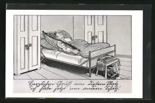 Künstler-AK Ferdinand Barlog: Soldat schläft mit liebstem Schatz im Bett