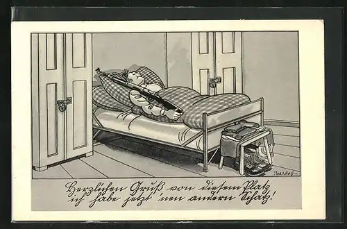 Künstler-AK Ferdinand Barlog: Soldat schläft friedlich mit Gewehr im Bett