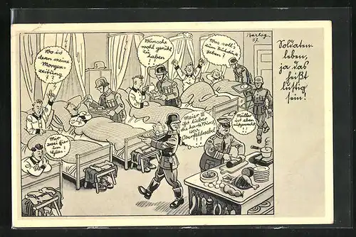 Künstler-AK Ferdinand Barlog: Soldaten lassen sich verwöhnen am frühen Morgen