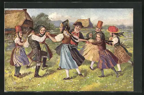 Künstler-AK Georg Mühlberg: Kinder tanzen Ringe-Reihe