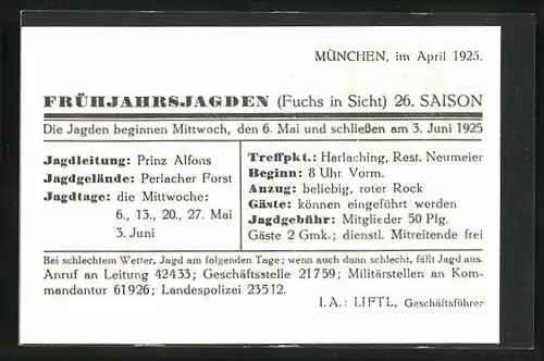 AK Harlaching, Jagdeinladung mit Prinz Alfons im Perlacher Forst 1925