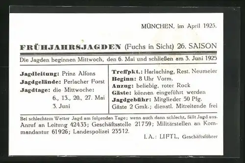 AK Harlaching, Jagdeinladung mit Prinz Alfons im Perlacher Forst 1925