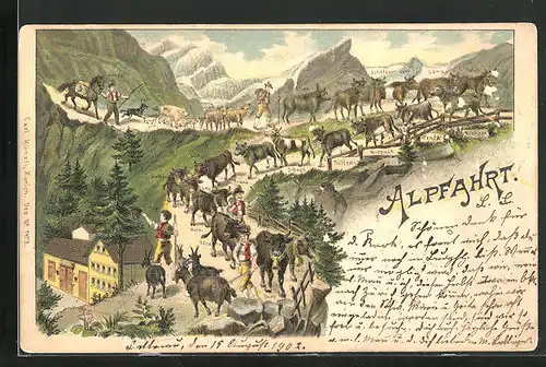 Lithographie Hirten mit ihrer Herde an Kühen, Ochsen, Schweinen und Ziegen
