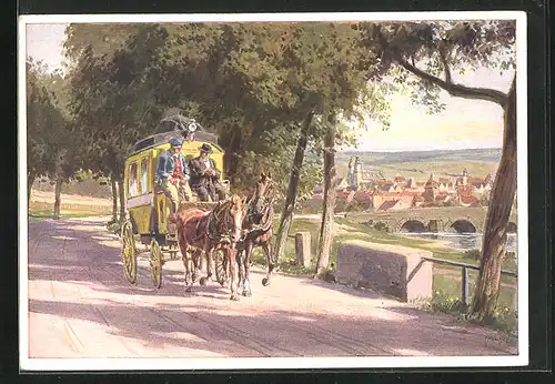 Künstler-AK Paul Hey: Postkutsche mit Stadt im Hintergrund