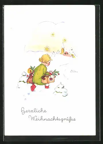 Künstler-AK Liesel Lauterborn: Kind zieht mit Weihnachtseinkäufen durch den Schnee