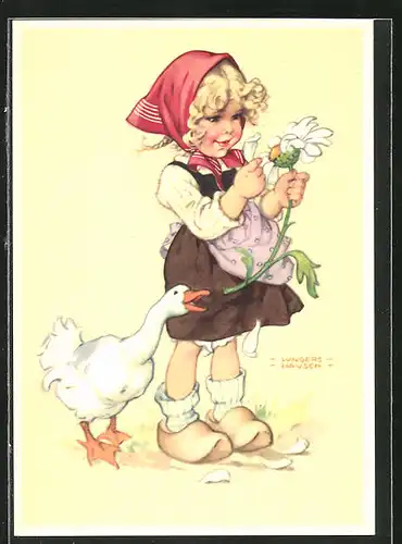 Künstler-AK Ilse Wende-Lungershausen: Mädchen mit Gänseblümchen und Gans