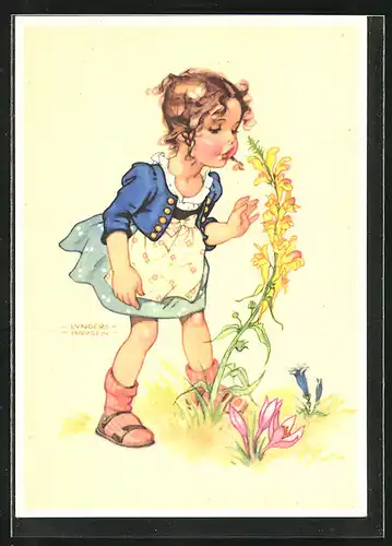 Künstler-AK Ilse Wende-Lungershausen: Mädchen riecht an hochgewachsener Blume