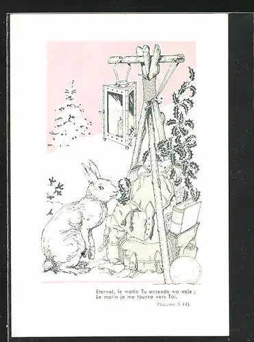 Künstler-AK Kaninchen und Wanderrucksack in Winterlandschaft