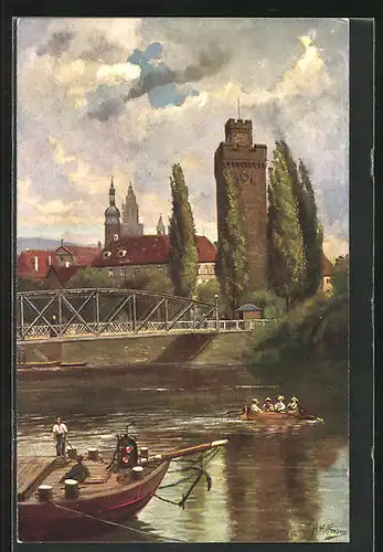Künstler-AK Heinrich Hoffmann: Heilbronn, Partie am Neckar mit dem Götzenturm