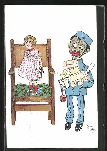 Künstler-AK sign. Pipp: Bediensteter bringt Geschenke zu kleinem Mädchen