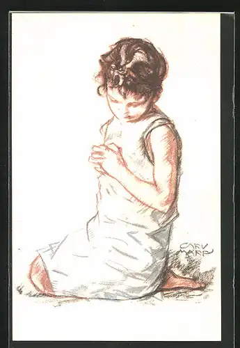 Künstler-AK sign. Carl v. Marr: Kniendes Kind in weissem Kleid