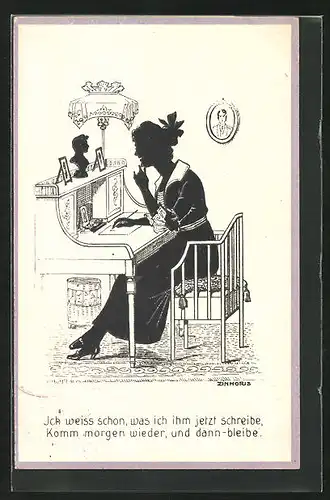 Künstler-AK sign. Zinnoris: Frau am Sekretär beim Briefe Schreiben