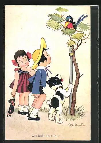 Künstler-AK sign. Drucker: Wie heisst denn du?, Kinder und Hund bestaunen bunten Vogel